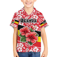 Uganda Family Matching Off Shoulder Short Dress and Hawaiian Shirt with Red Hibiscus Flowers and National Flag Design