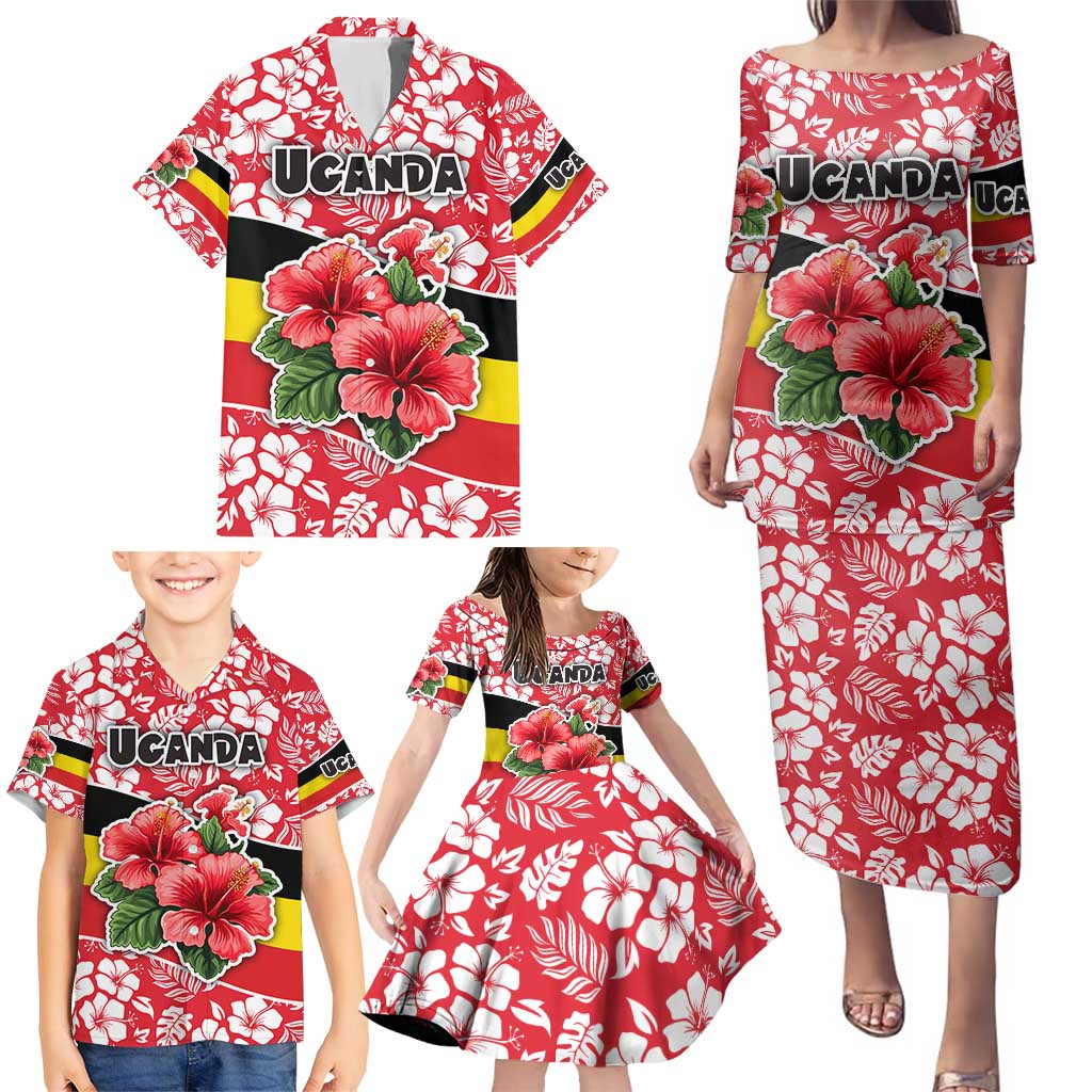 Uganda Family Matching Puletasi and Hawaiian Shirt with Red Hibiscus Flowers and National Flag Design