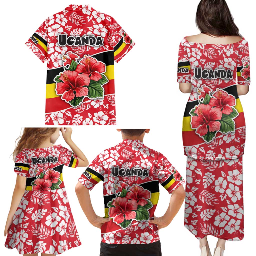 Uganda Family Matching Puletasi and Hawaiian Shirt with Red Hibiscus Flowers and National Flag Design