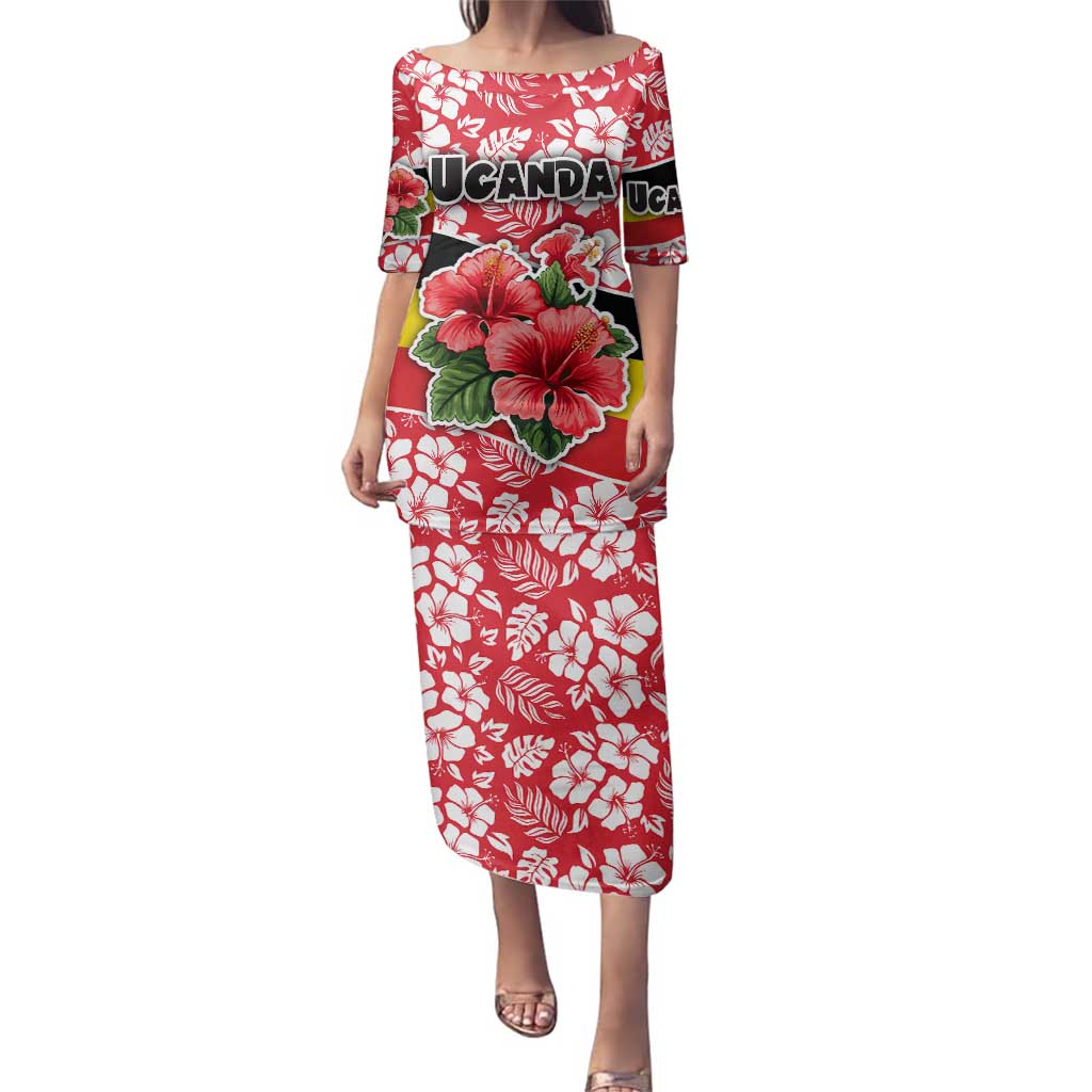 Uganda Family Matching Puletasi and Hawaiian Shirt with Red Hibiscus Flowers and National Flag Design