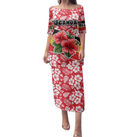 Uganda Family Matching Puletasi and Hawaiian Shirt with Red Hibiscus Flowers and National Flag Design