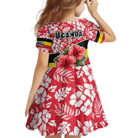 Uganda Family Matching Short Sleeve Bodycon Dress and Hawaiian Shirt with Red Hibiscus Flowers and National Flag Design