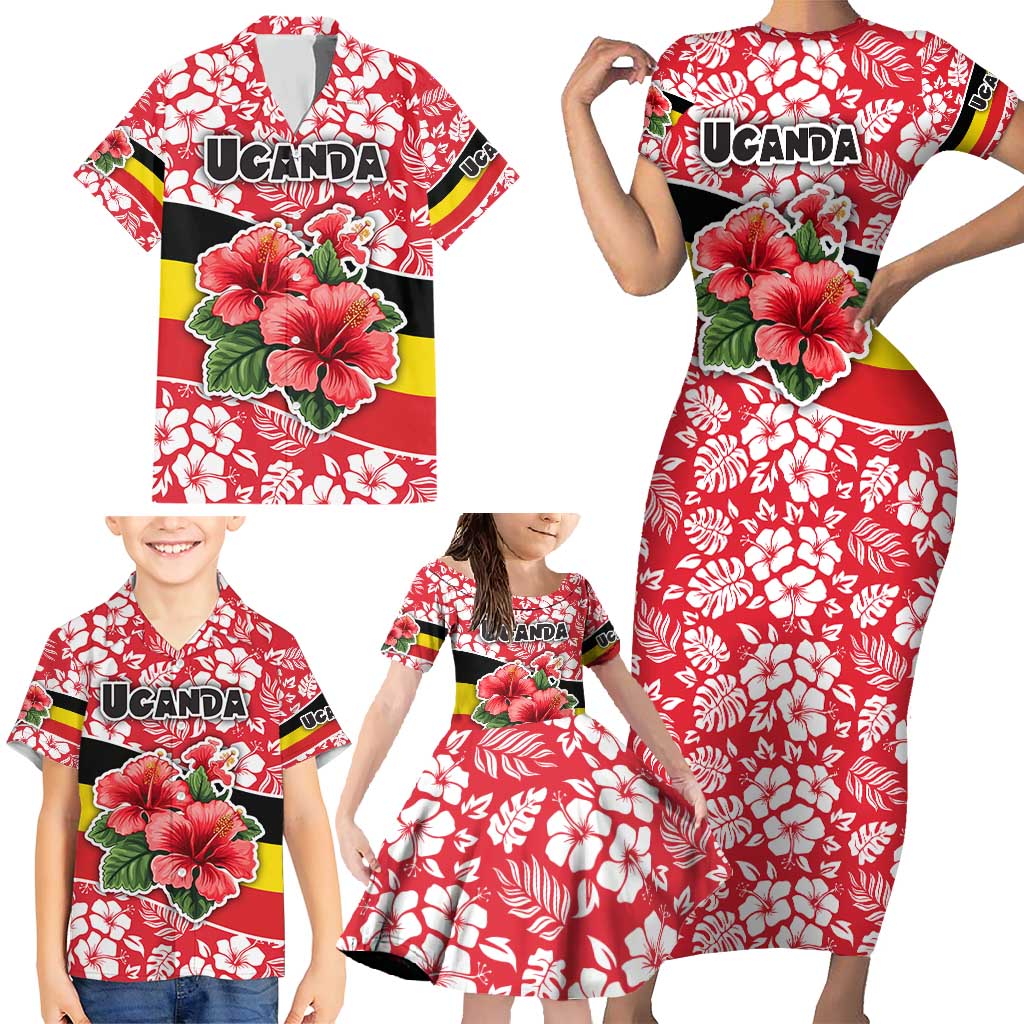 Uganda Family Matching Short Sleeve Bodycon Dress and Hawaiian Shirt with Red Hibiscus Flowers and National Flag Design