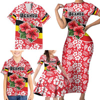 Uganda Family Matching Short Sleeve Bodycon Dress and Hawaiian Shirt with Red Hibiscus Flowers and National Flag Design