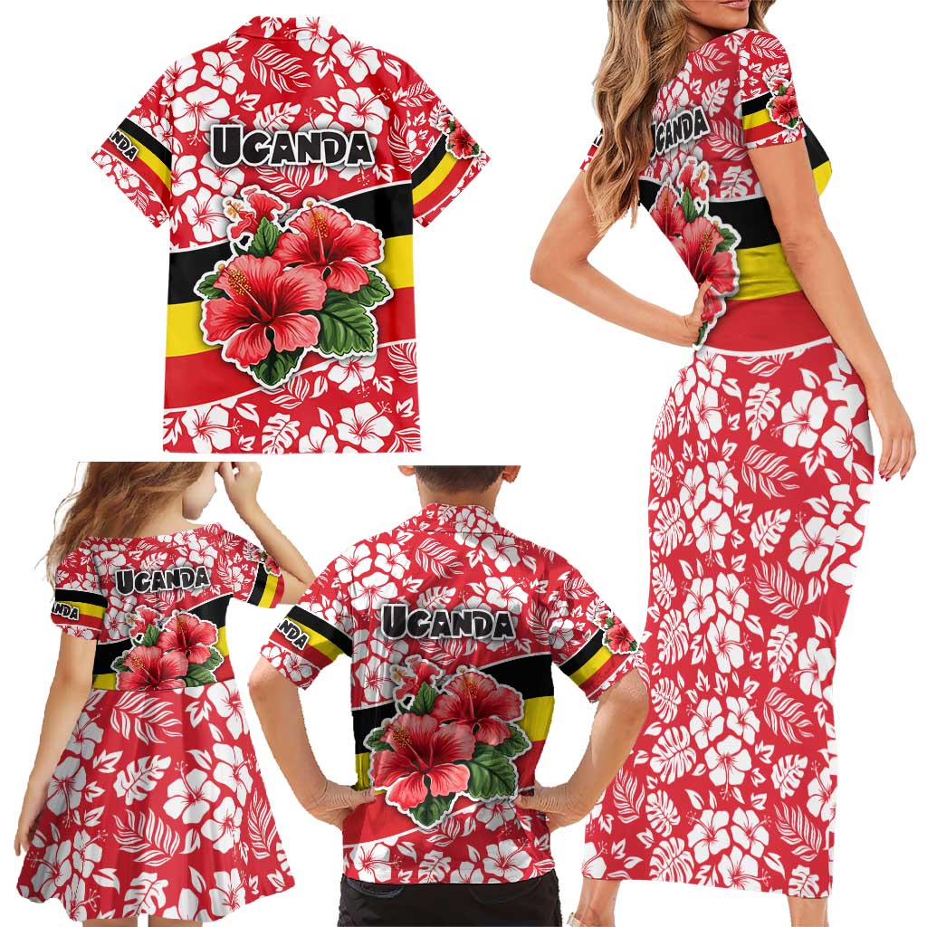 Uganda Family Matching Short Sleeve Bodycon Dress and Hawaiian Shirt with Red Hibiscus Flowers and National Flag Design