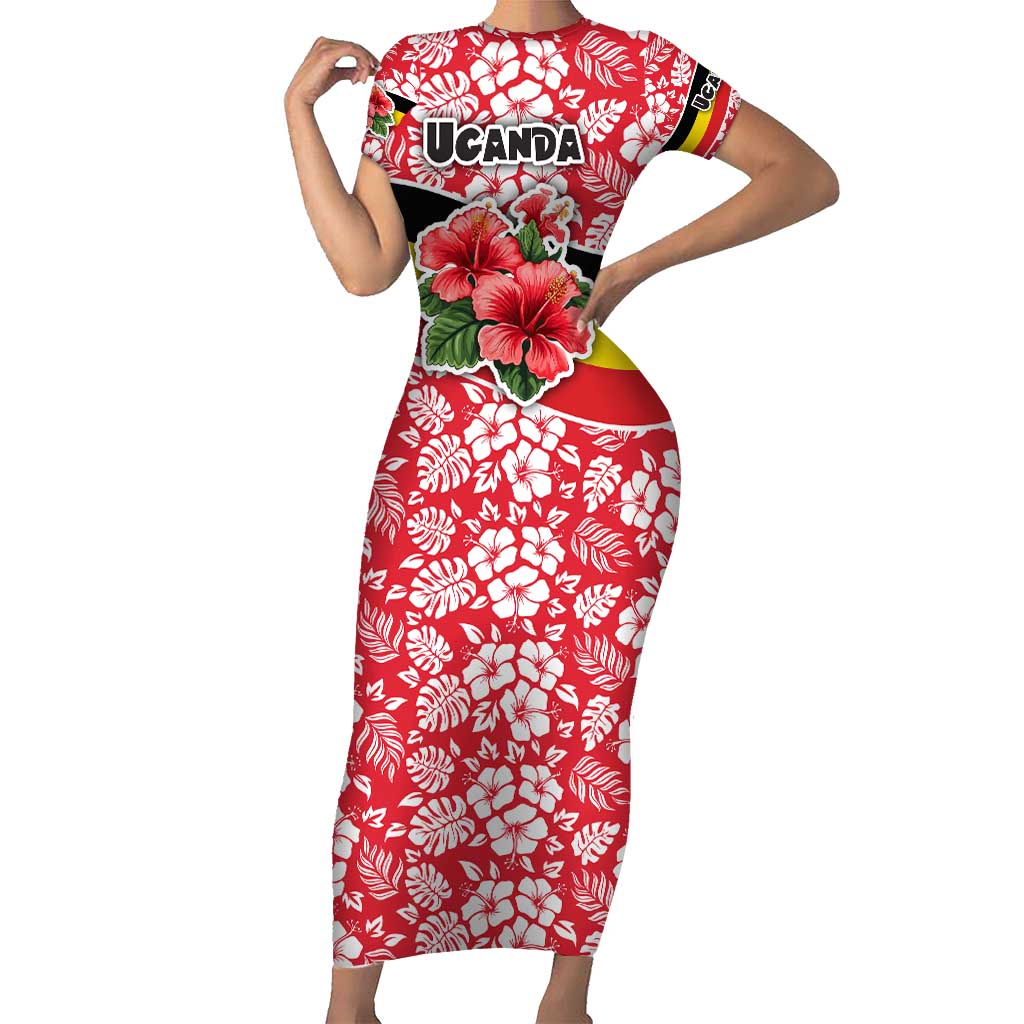 Uganda Family Matching Short Sleeve Bodycon Dress and Hawaiian Shirt with Red Hibiscus Flowers and National Flag Design