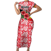 Uganda Family Matching Short Sleeve Bodycon Dress and Hawaiian Shirt with Red Hibiscus Flowers and National Flag Design