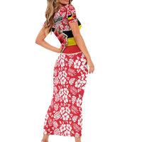Uganda Family Matching Short Sleeve Bodycon Dress and Hawaiian Shirt with Red Hibiscus Flowers and National Flag Design