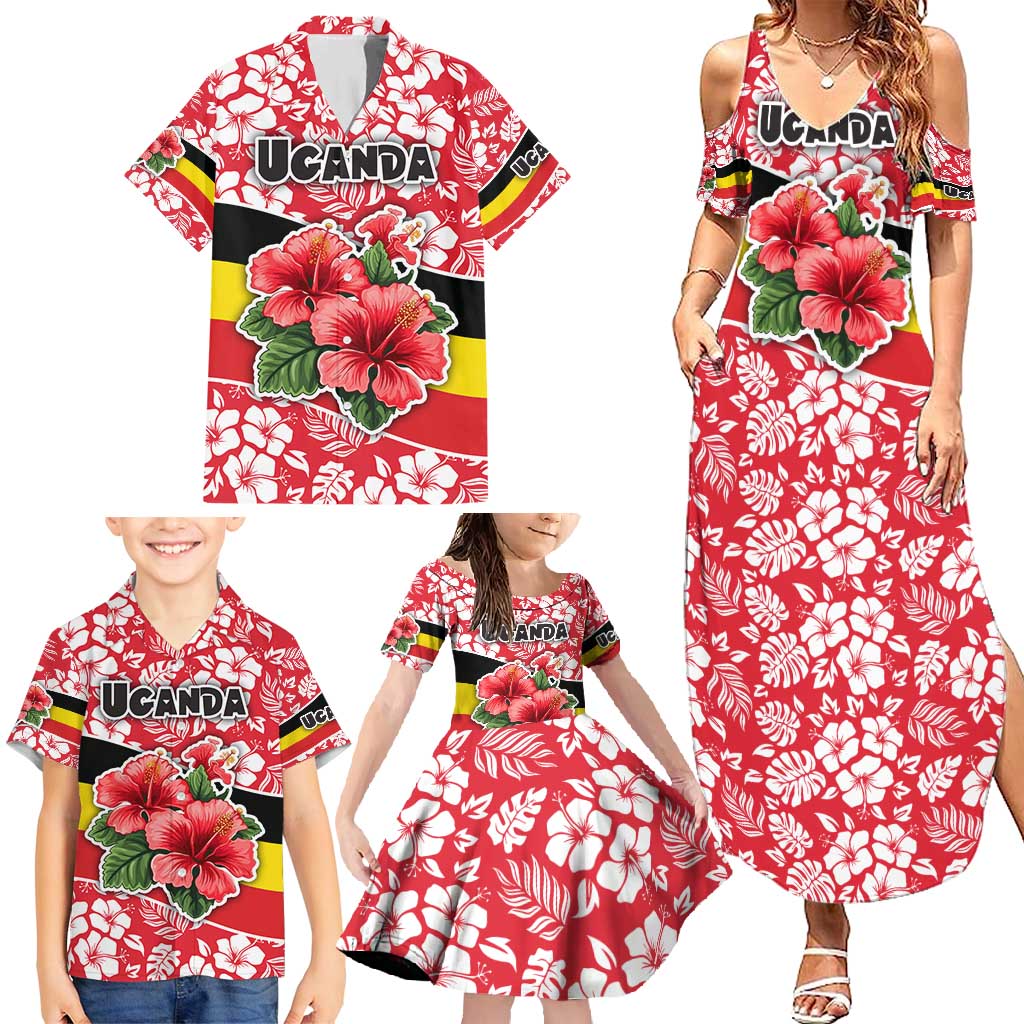 Uganda Family Matching Summer Maxi Dress and Hawaiian Shirt with Red Hibiscus Flowers and National Flag Design