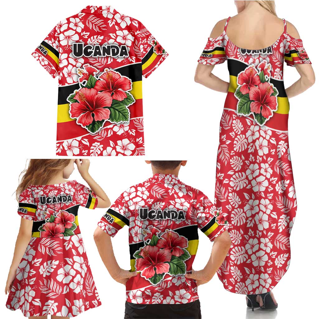 Uganda Family Matching Summer Maxi Dress and Hawaiian Shirt with Red Hibiscus Flowers and National Flag Design