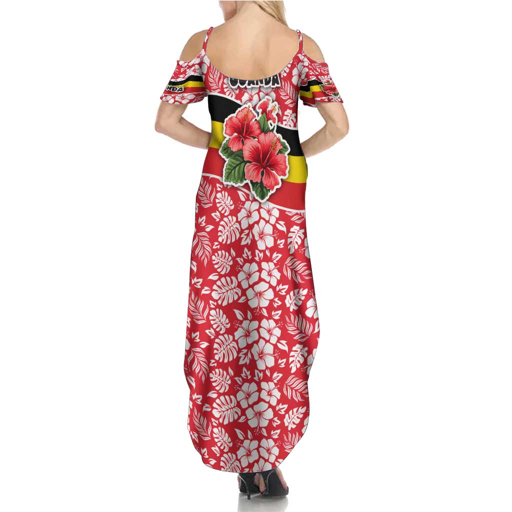Uganda Family Matching Summer Maxi Dress and Hawaiian Shirt with Red Hibiscus Flowers and National Flag Design