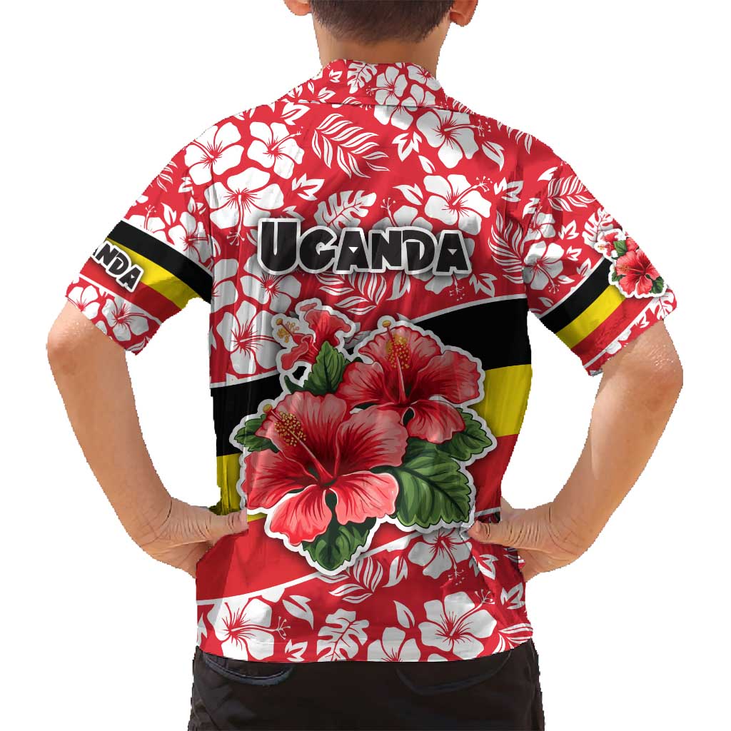 Uganda Family Matching Tank Maxi Dress and Hawaiian Shirt with Red Hibiscus Flowers and National Flag Design