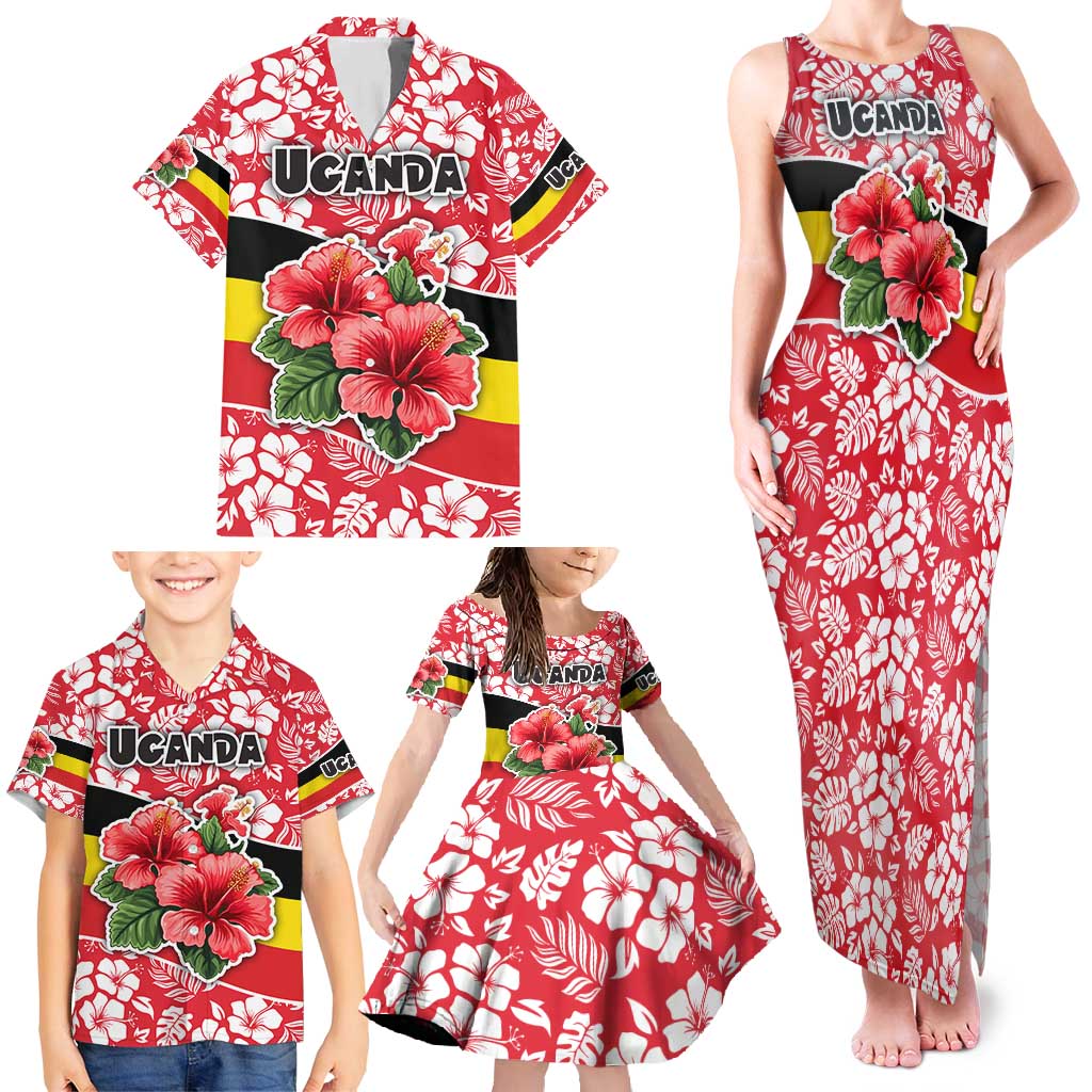 Uganda Family Matching Tank Maxi Dress and Hawaiian Shirt with Red Hibiscus Flowers and National Flag Design