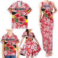 Uganda Family Matching Tank Maxi Dress and Hawaiian Shirt with Red Hibiscus Flowers and National Flag Design