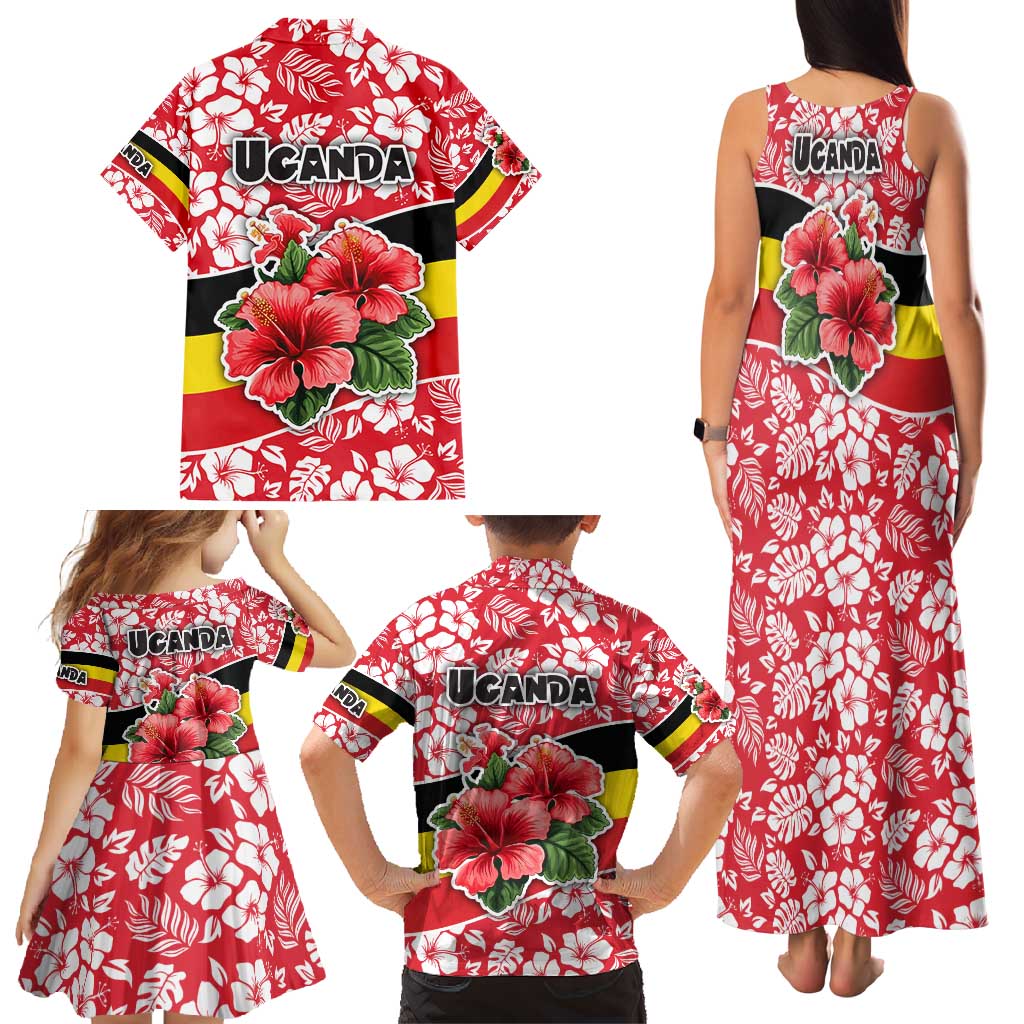 Uganda Family Matching Tank Maxi Dress and Hawaiian Shirt with Red Hibiscus Flowers and National Flag Design