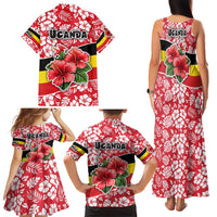 Uganda Family Matching Tank Maxi Dress and Hawaiian Shirt with Red Hibiscus Flowers and National Flag Design