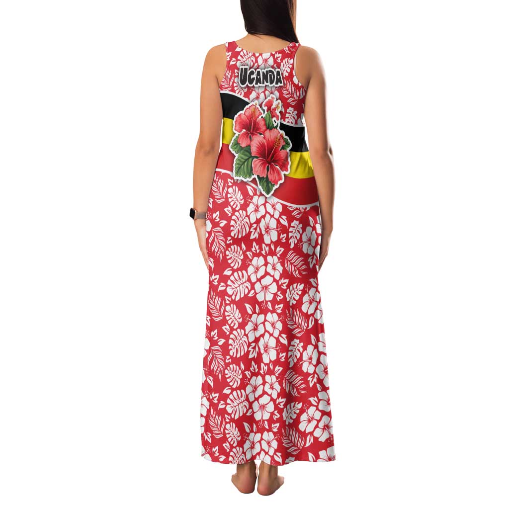 Uganda Family Matching Tank Maxi Dress and Hawaiian Shirt with Red Hibiscus Flowers and National Flag Design