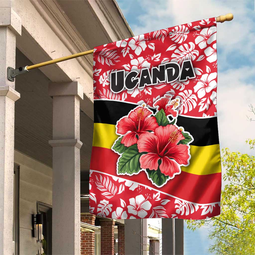 Uganda Garden Flag with Red Hibiscus Flowers and National Flag Design