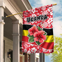 Uganda Garden Flag with Red Hibiscus Flowers and National Flag Design