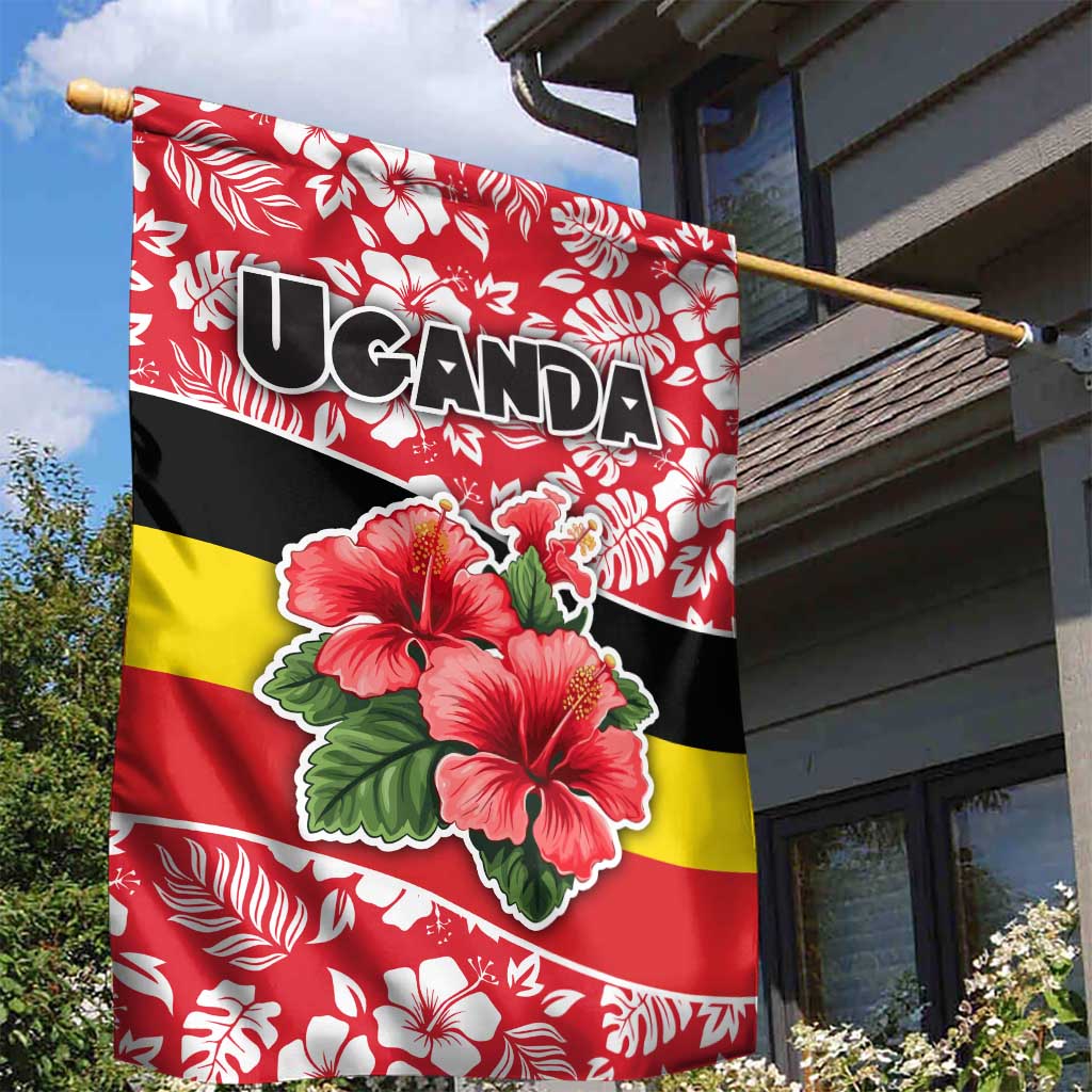 Uganda Garden Flag with Red Hibiscus Flowers and National Flag Design