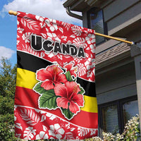 Uganda Garden Flag with Red Hibiscus Flowers and National Flag Design