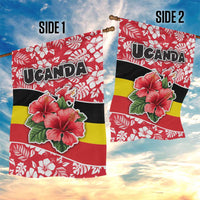 Uganda Garden Flag with Red Hibiscus Flowers and National Flag Design