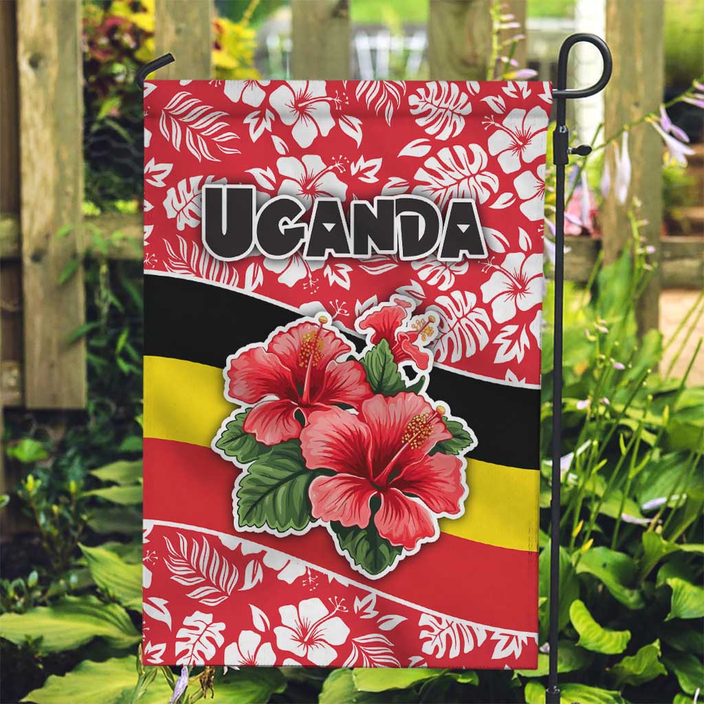 Uganda Garden Flag with Red Hibiscus Flowers and National Flag Design
