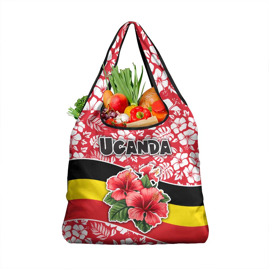 Uganda Grocery Bag with Red Hibiscus Flowers and National Flag Design