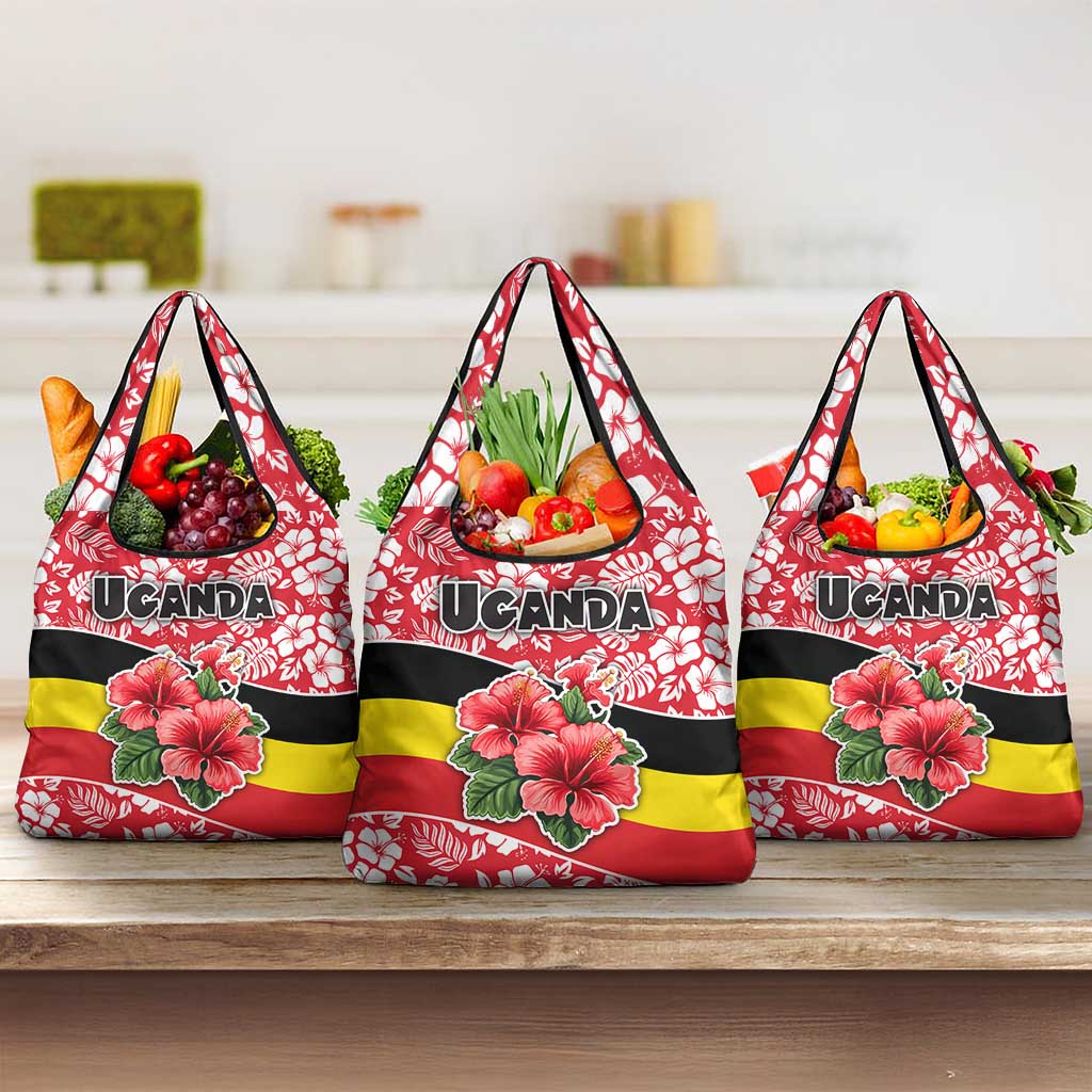 Uganda Grocery Bag with Red Hibiscus Flowers and National Flag Design