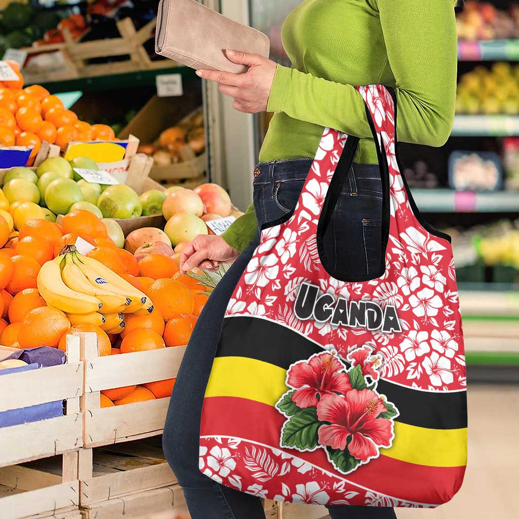 Uganda Grocery Bag with Red Hibiscus Flowers and National Flag Design