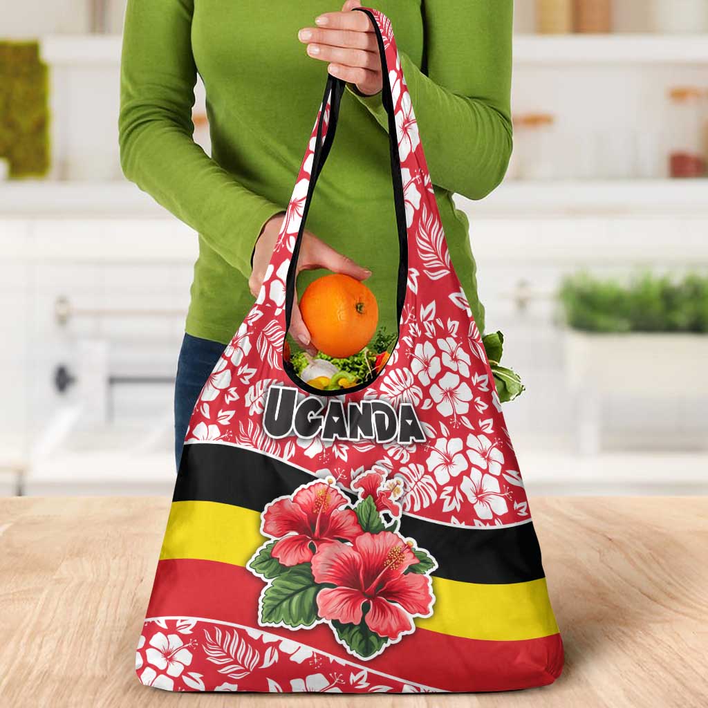 Uganda Grocery Bag with Red Hibiscus Flowers and National Flag Design