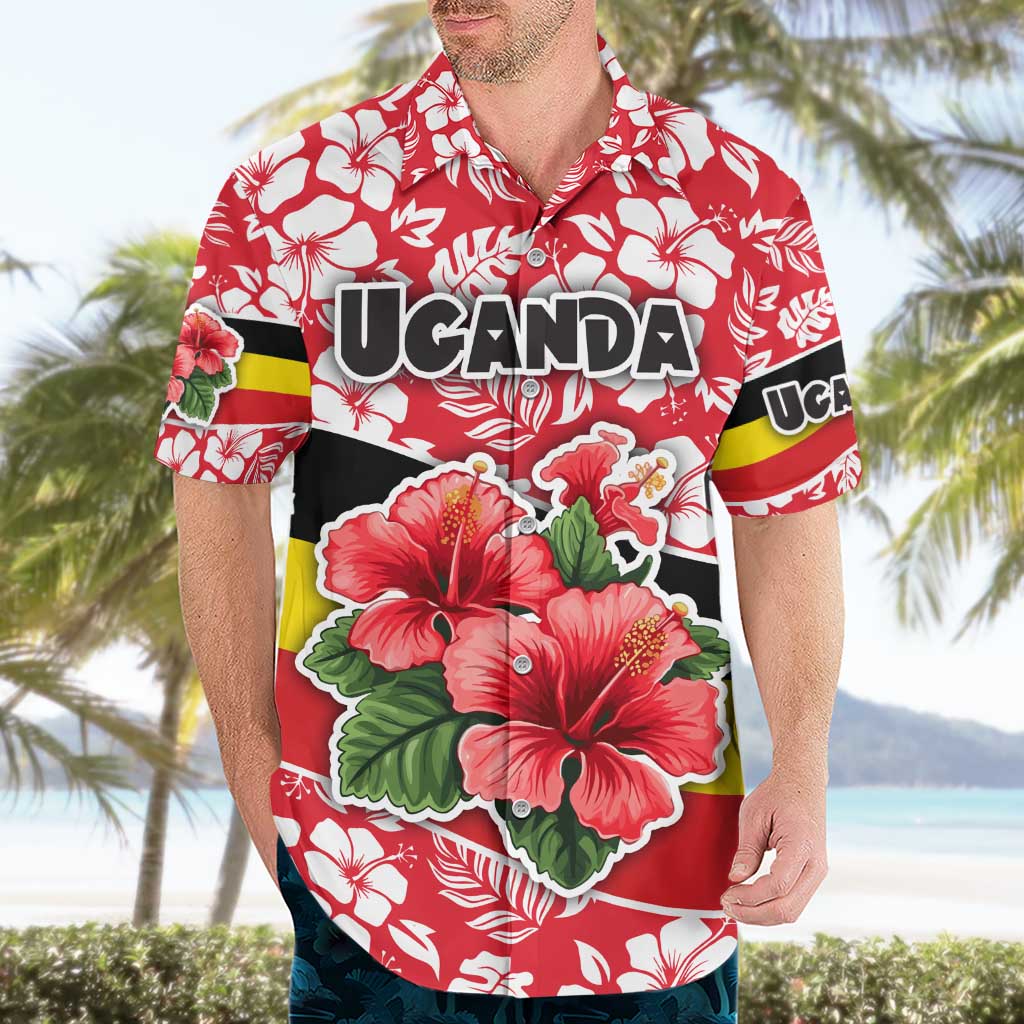 Uganda Hawaiian Shirt with Red Hibiscus Flowers and National Flag Design