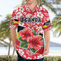 Uganda Hawaiian Shirt with Red Hibiscus Flowers and National Flag Design