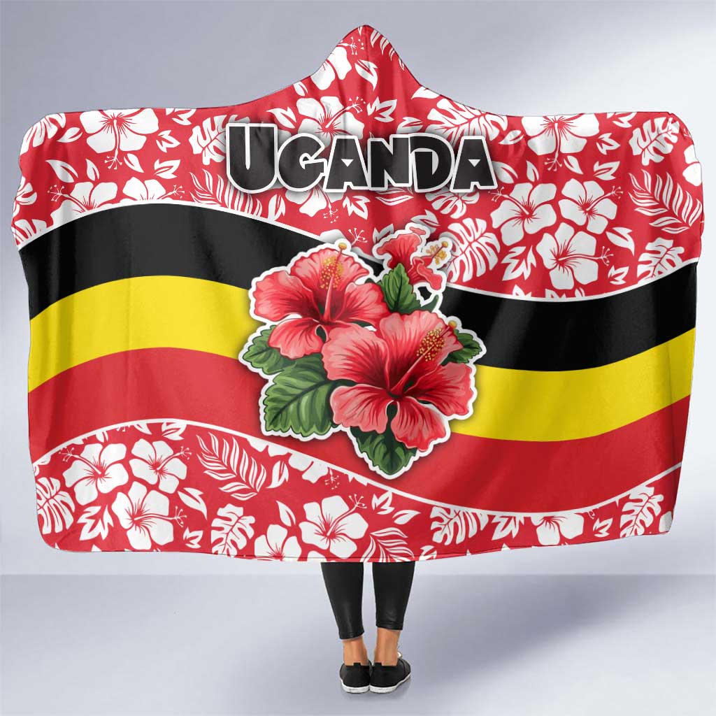 Uganda Hooded Blanket with Red Hibiscus Flowers and National Flag Design