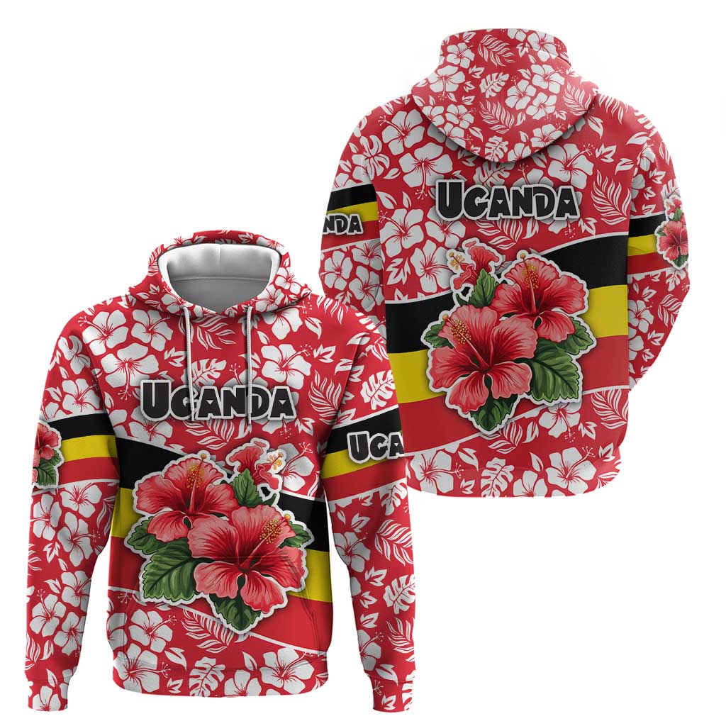 Uganda Hoodie with Red Hibiscus Flowers and National Flag Design