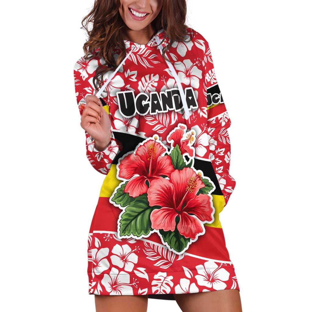 Uganda Hoodie Dress with Red Hibiscus Flowers and National Flag Design
