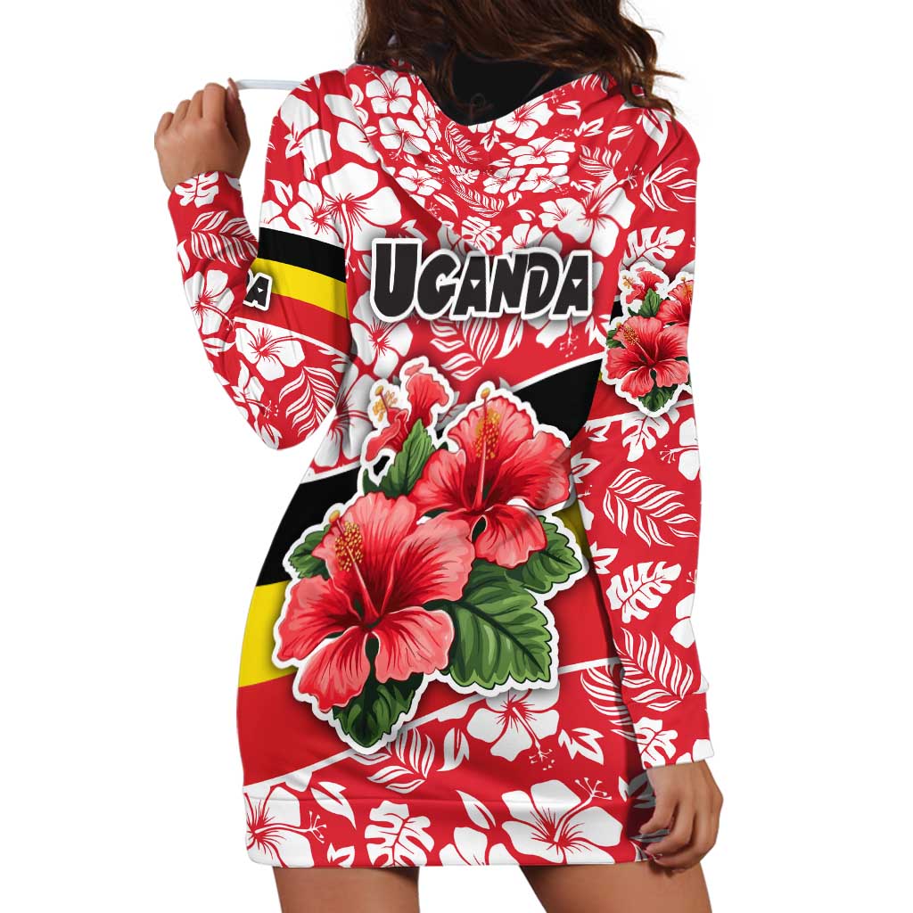 Uganda Hoodie Dress with Red Hibiscus Flowers and National Flag Design