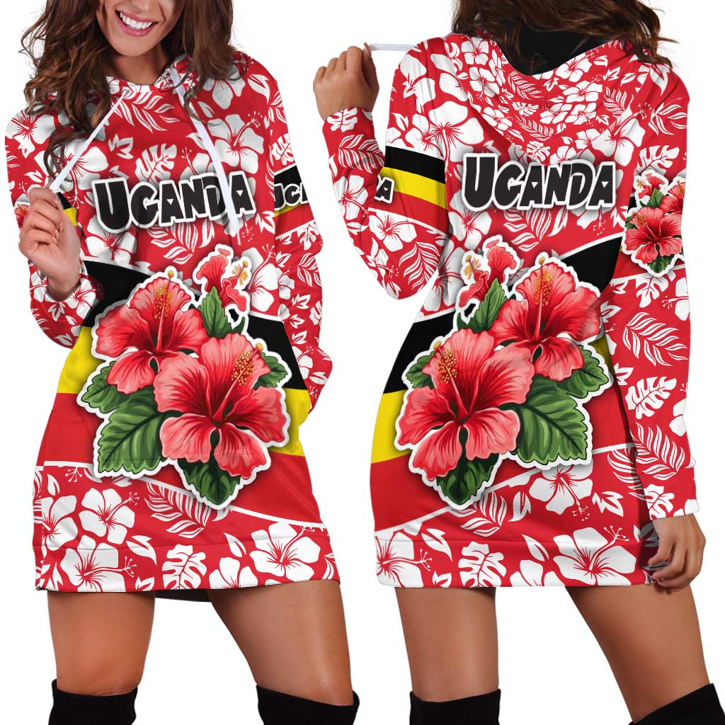 Uganda Hoodie Dress with Red Hibiscus Flowers and National Flag Design