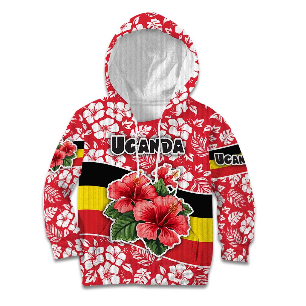 Uganda Kid Hoodie with Red Hibiscus Flowers and National Flag Design