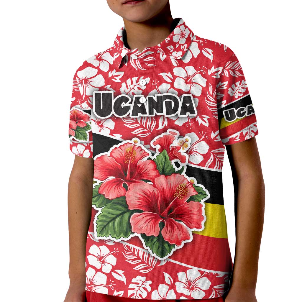Uganda Kid Polo Shirt with Red Hibiscus Flowers and National Flag Design