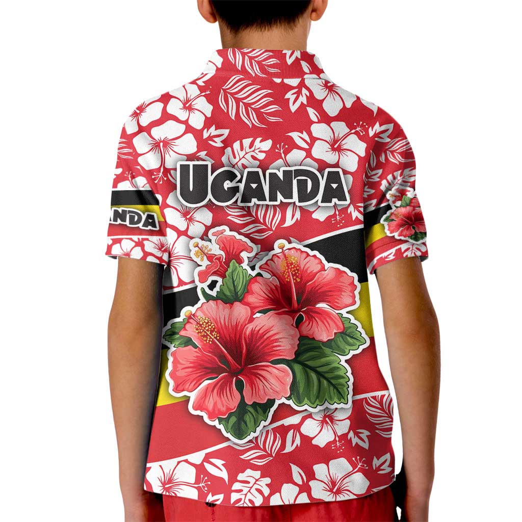 Uganda Kid Polo Shirt with Red Hibiscus Flowers and National Flag Design