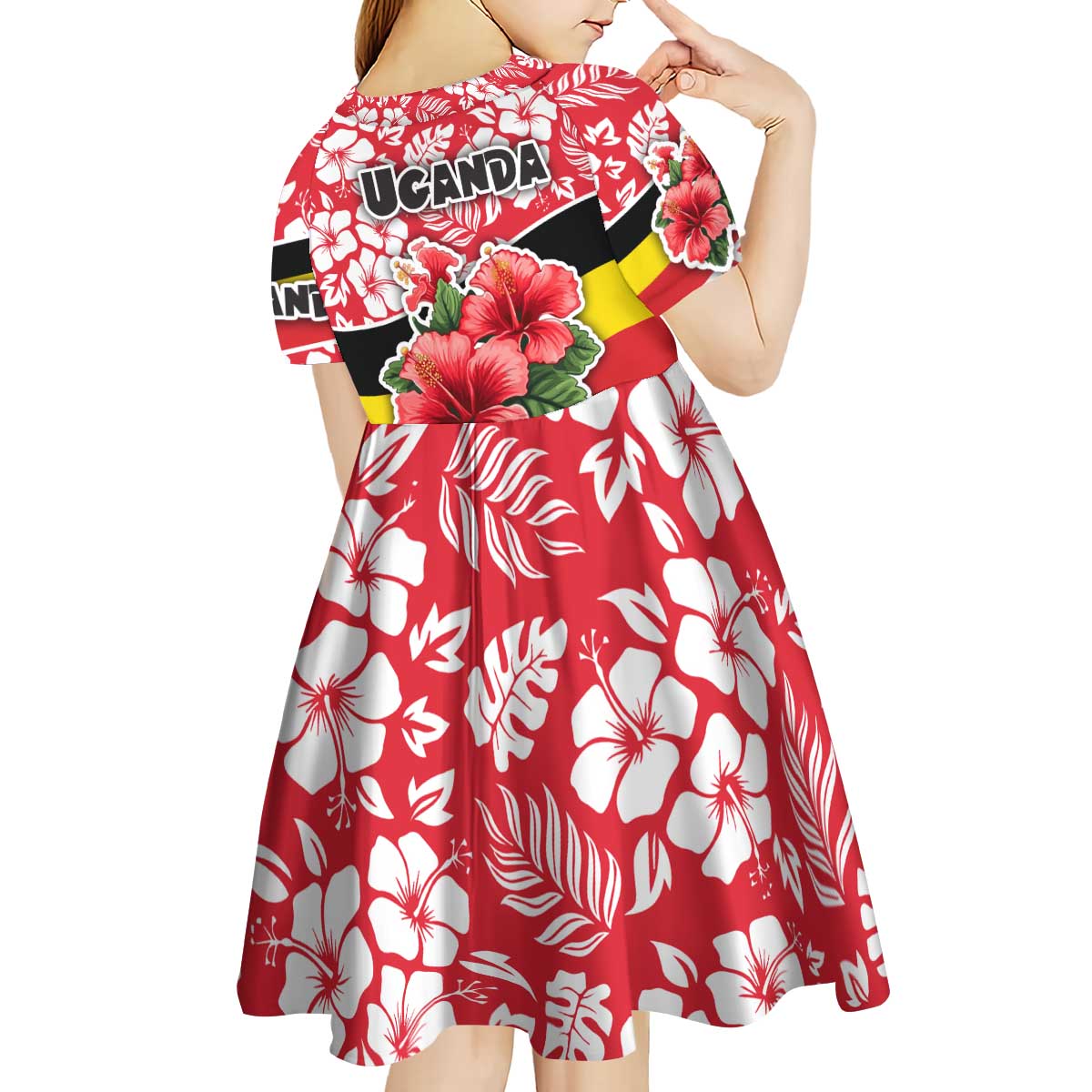 Uganda Kid Short Sleeve Dress with Red Hibiscus Flowers and National Flag Design