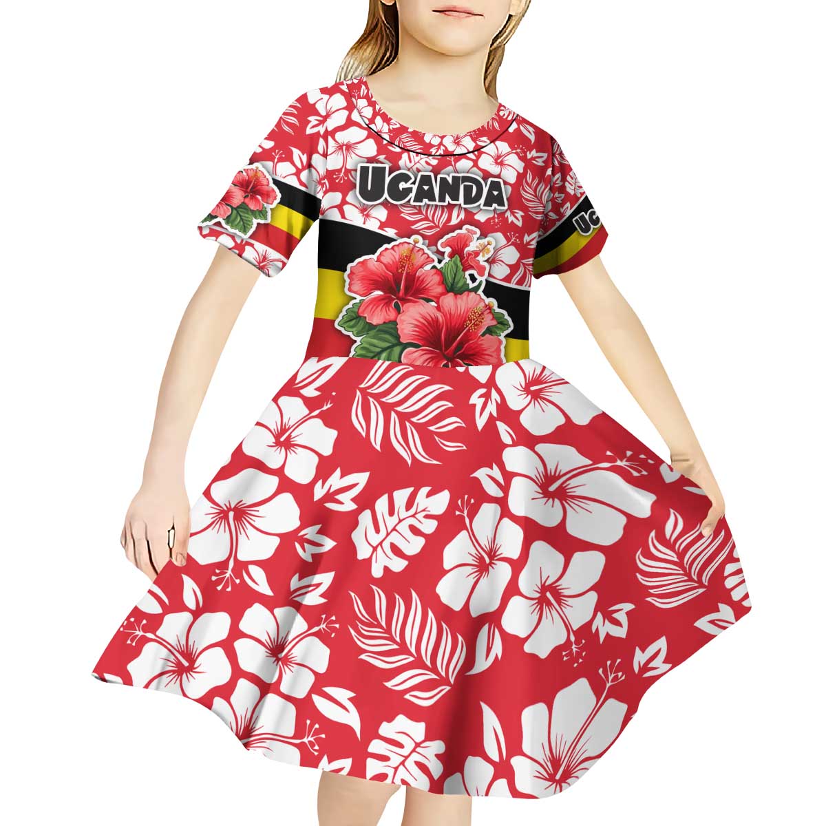 Uganda Kid Short Sleeve Dress with Red Hibiscus Flowers and National Flag Design