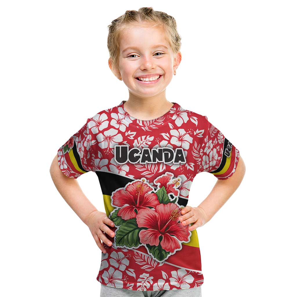 Uganda Kid T Shirt with Red Hibiscus Flowers and National Flag Design