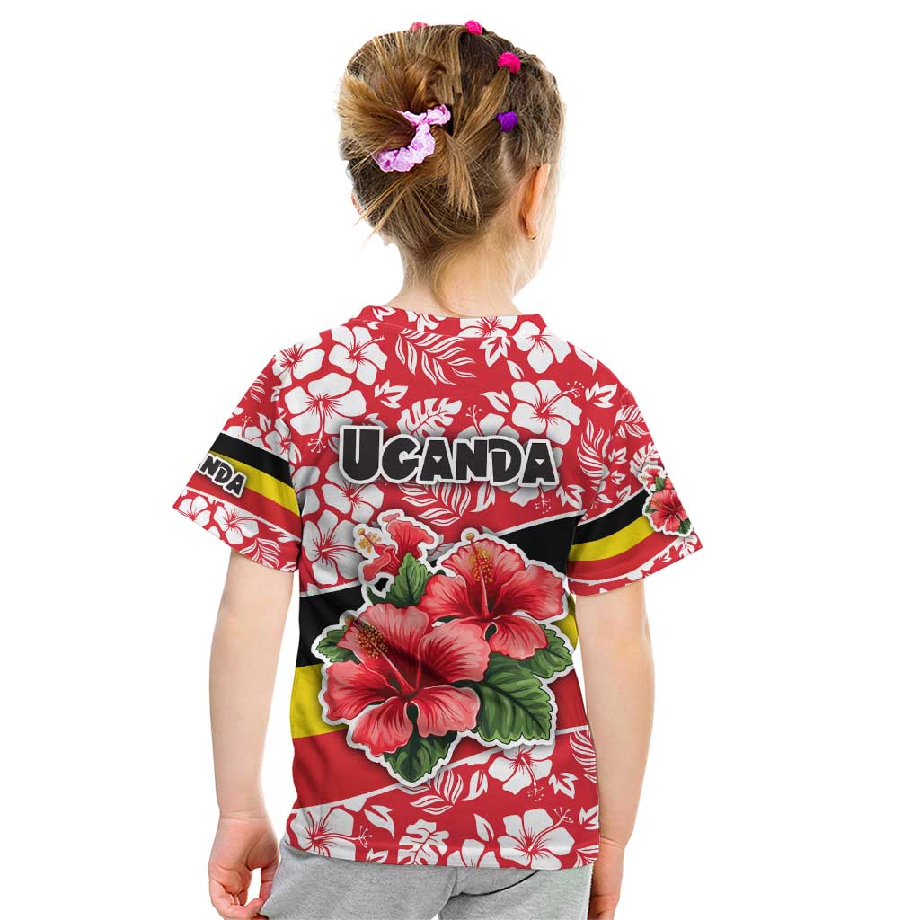 Uganda Kid T Shirt with Red Hibiscus Flowers and National Flag Design