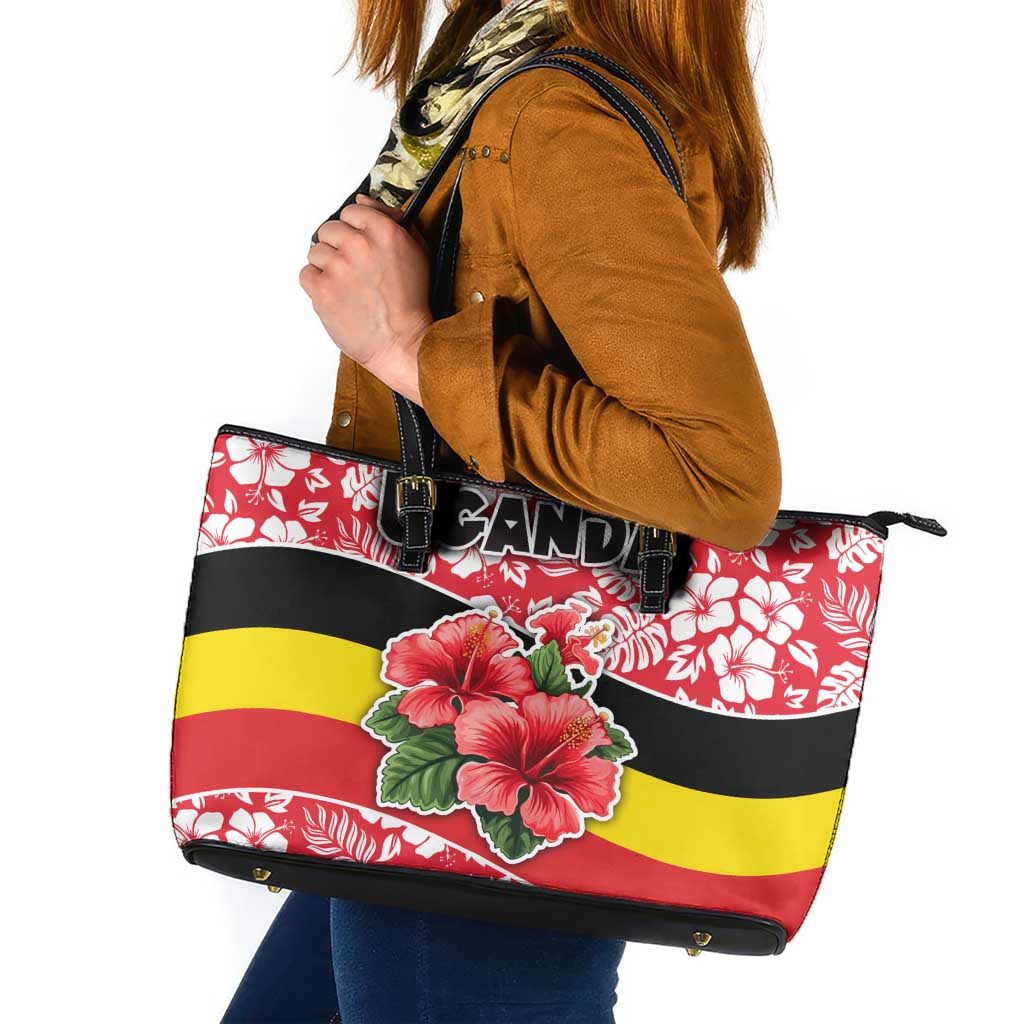 Uganda Leather Tote Bag with Red Hibiscus Flowers and National Flag Design