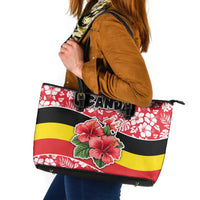 Uganda Leather Tote Bag with Red Hibiscus Flowers and National Flag Design