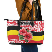 Uganda Leather Tote Bag with Red Hibiscus Flowers and National Flag Design