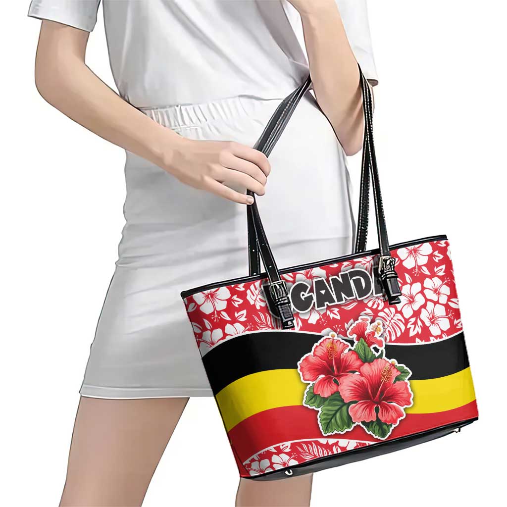 Uganda Leather Tote Bag with Red Hibiscus Flowers and National Flag Design