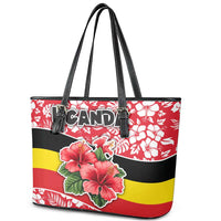 Uganda Leather Tote Bag with Red Hibiscus Flowers and National Flag Design